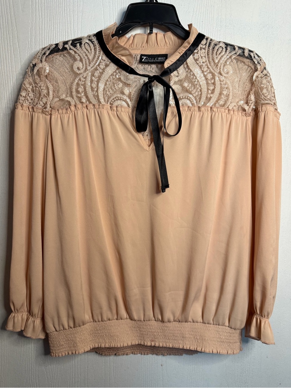 New York & Company Peach Lace Yoke Blouse with Black Ribbon Tie